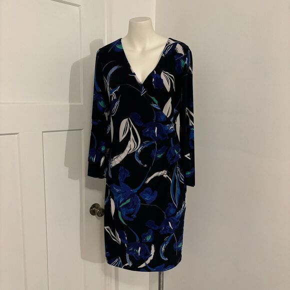 Lauren Ralph Lauren size 10 Blue Abstract Floral Bell Sleeve Faux Wrap Dress - Picture 2 of 14